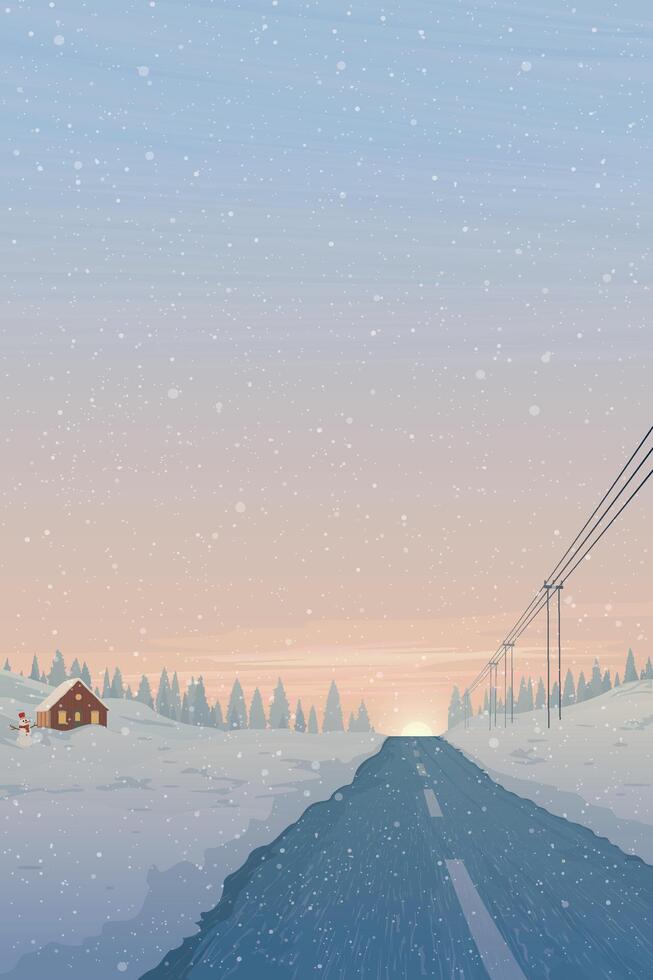 Snowfall in sunset at local road through the countryside landscape with country house covered by snow have silhouette pine forest and vanilla sky vertical background graphic illustration. vector