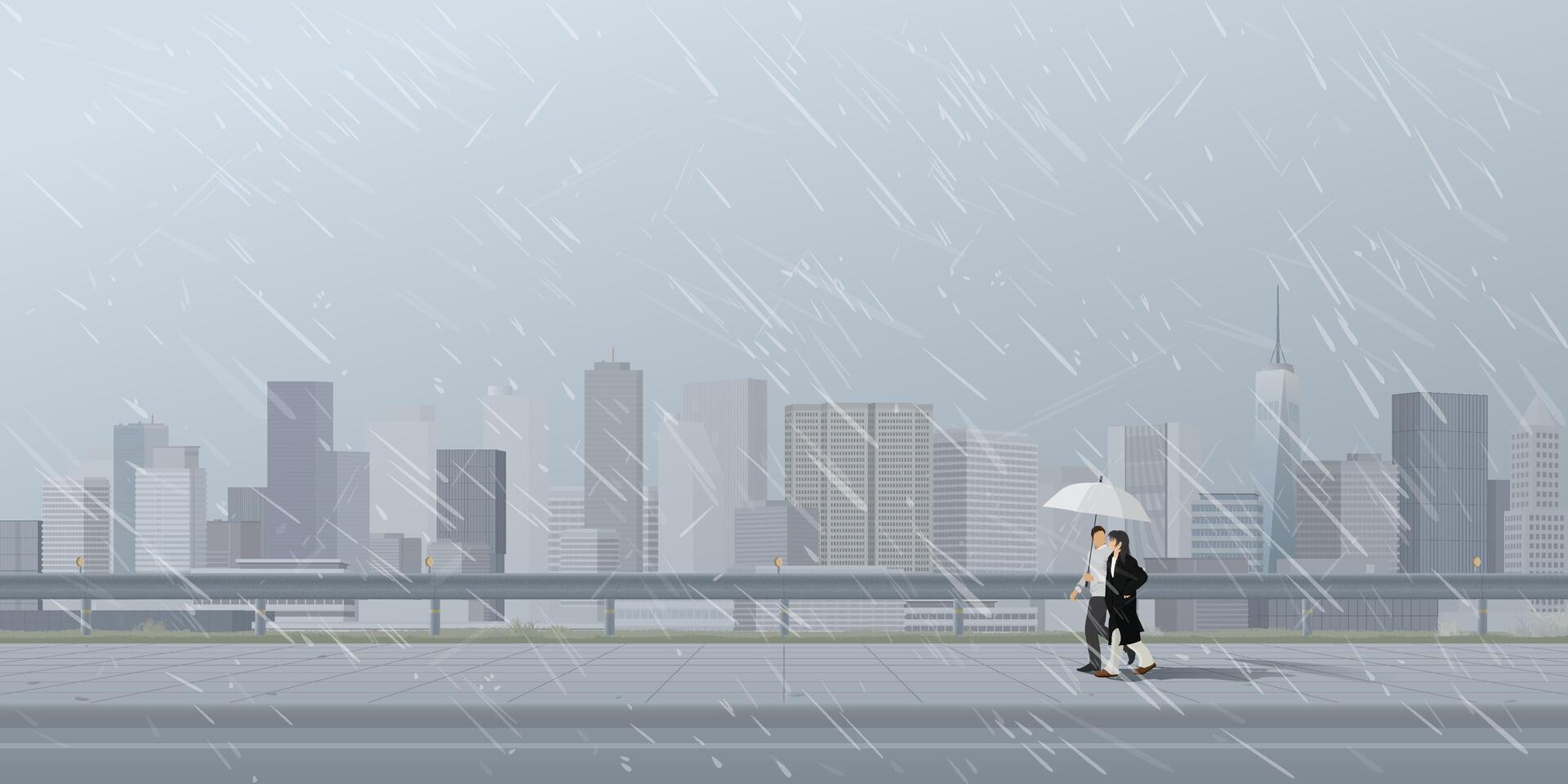 Cityscape in rainy day with couple of lover under umbrella walking on the sidewalk have skyscraper and dusk sky background graphic illustration. vector