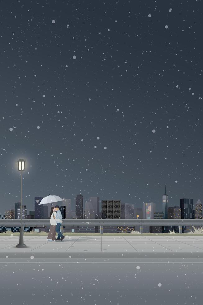 Cityscape in winter season view from sidewalk with couple of lover kissing under umbrella have skyscraper and night sky vertical background graphic illustration. vector