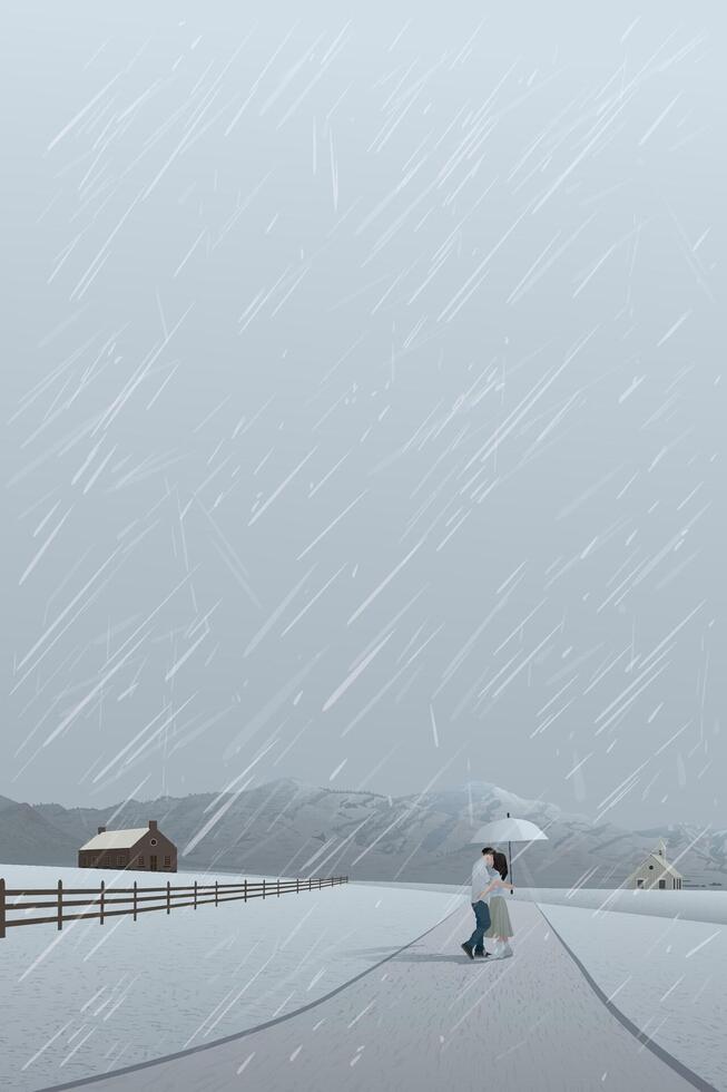 Countryside landscape in rainy day with couple of lover kissing under umbrella have mountain ranges and dusk sky vertical background. vector