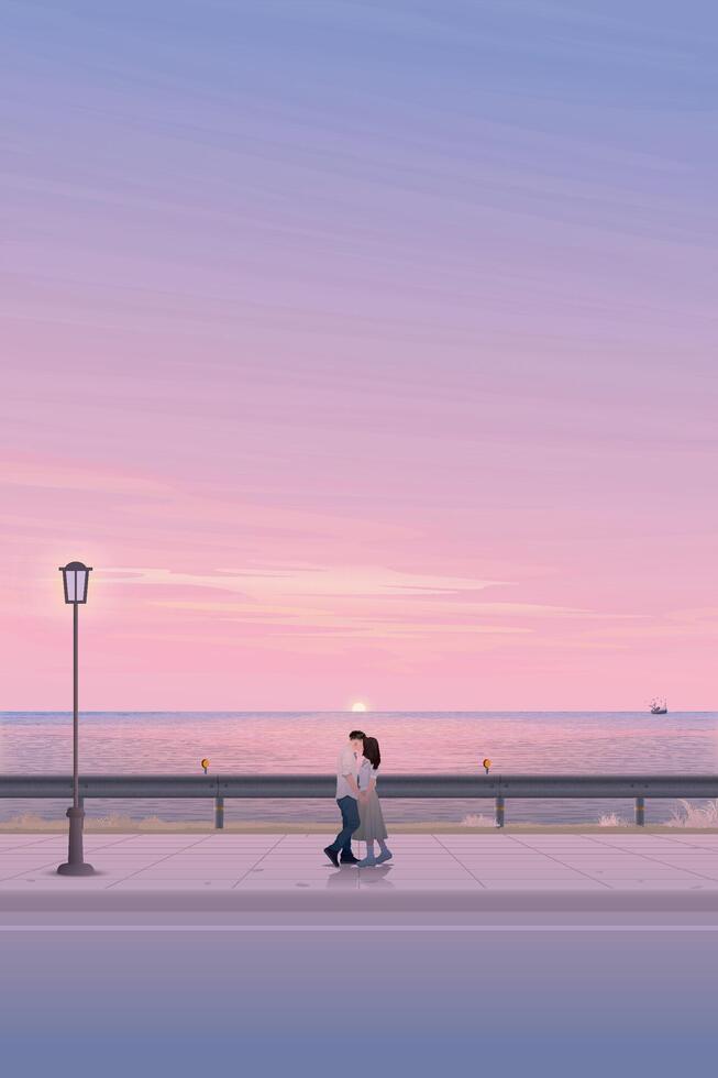 Seascape sunset view from sidewalk with couple of lover kissing have dramatic sky vertical background graphic illustration. vector