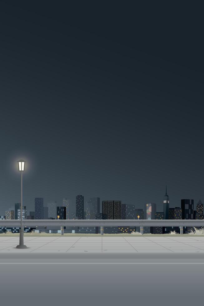Cityscape at night view from sidewalk have skyscraper and dark sky vertical background graphic illustration. vector