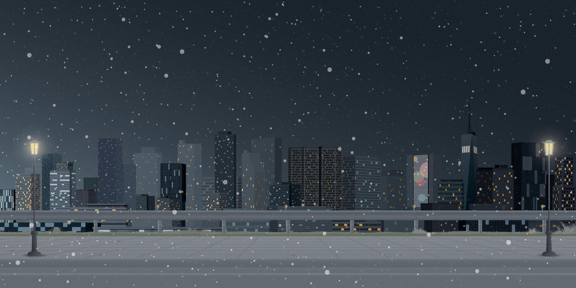 Cityscape in winter season at night view from sidewalk have skyscraper and night sky background graphic illustration. vector