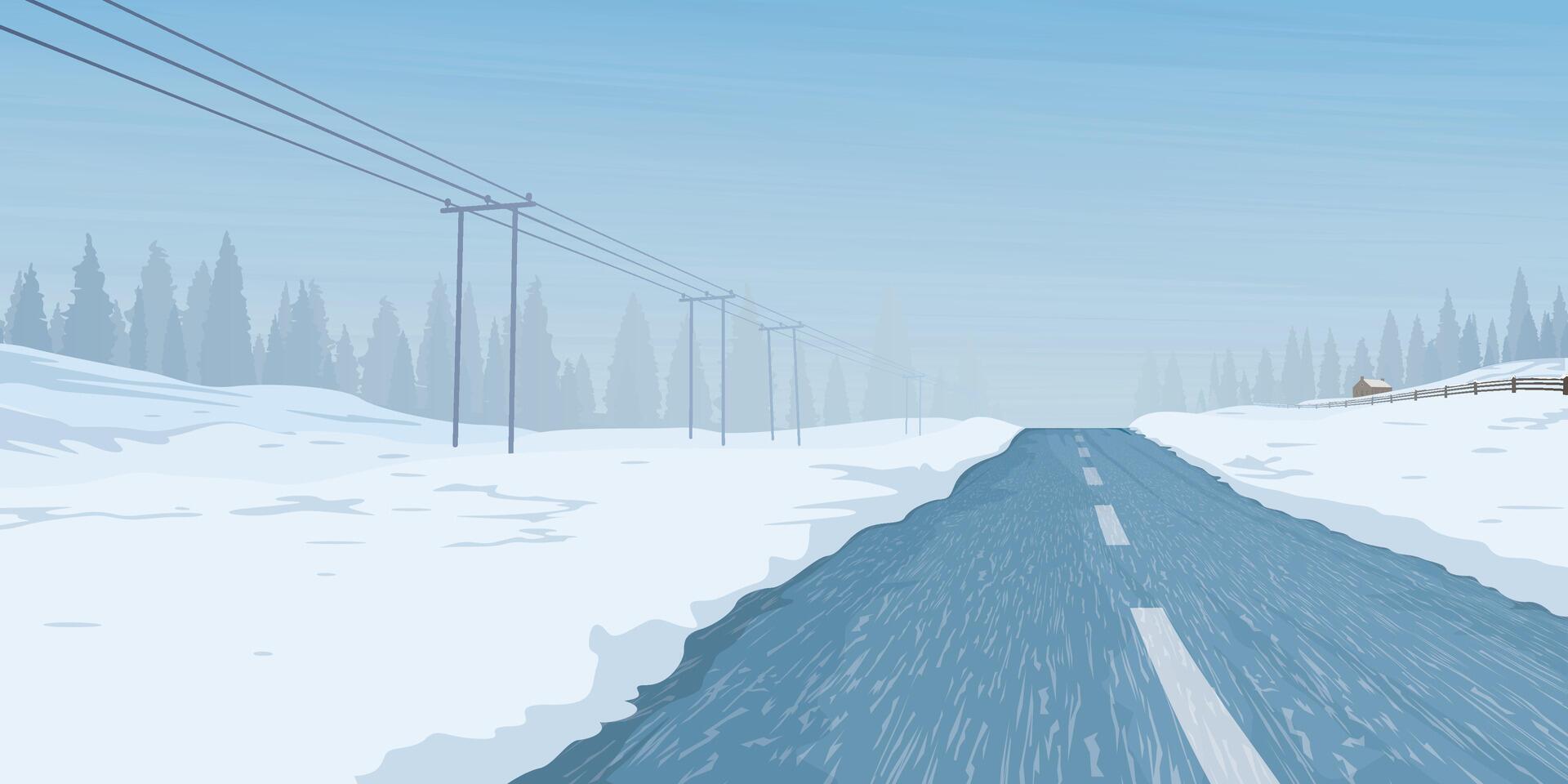 Local road through the countryside landscape covered by white snow have pine forest and blue sky background graphic illustration. vector