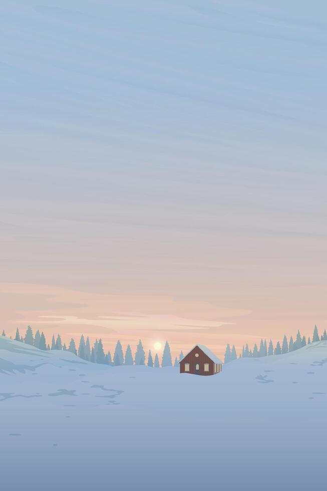 Winter landscape sunset with lonely country house covered by snow have silhouette pine forest and vanilla sky vertical background graphic illustration. vector