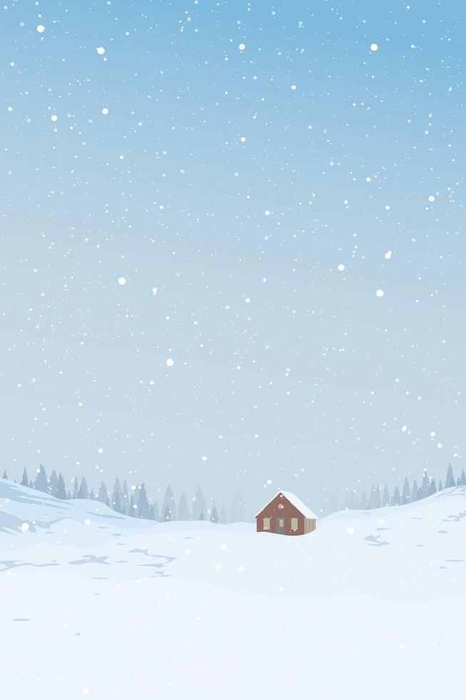 Winter landscape with lonely country house covered by white snow have silhouette pine forest and blue sky vertical background graphic illustration. vector
