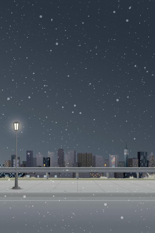 Cityscape in winter season at night view from sidewalk have skyscraper and night sky vertical background graphic illustration. vector
