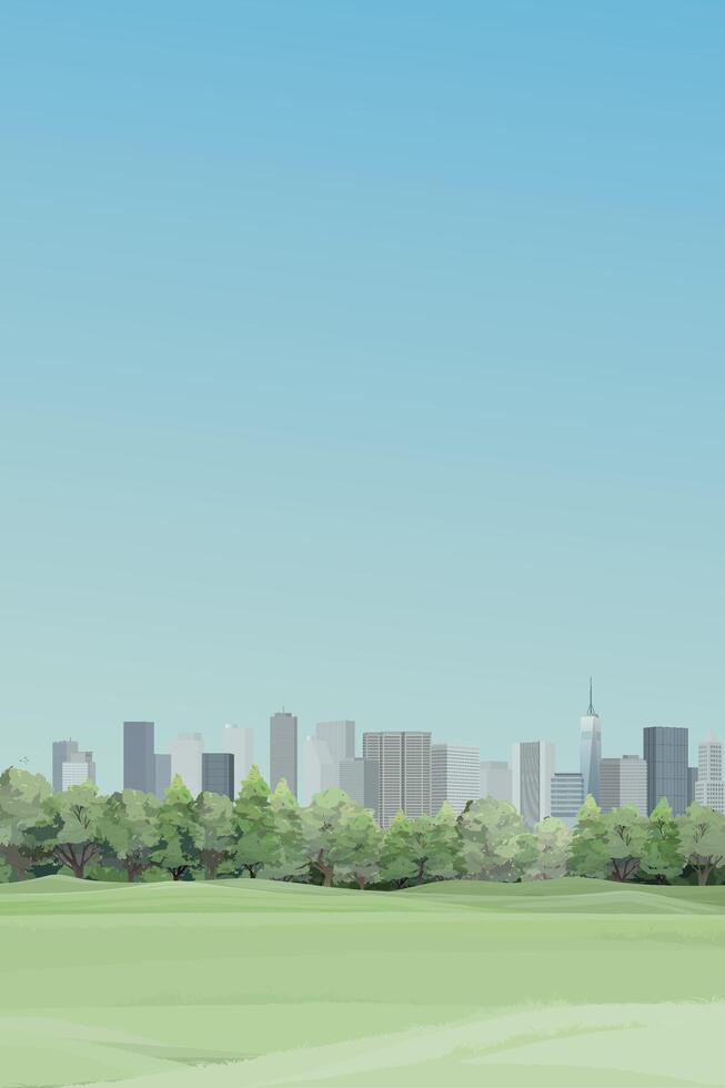Public park with grass field in the city have skyscrapers and blue sky vertical background graphic illustration. vector