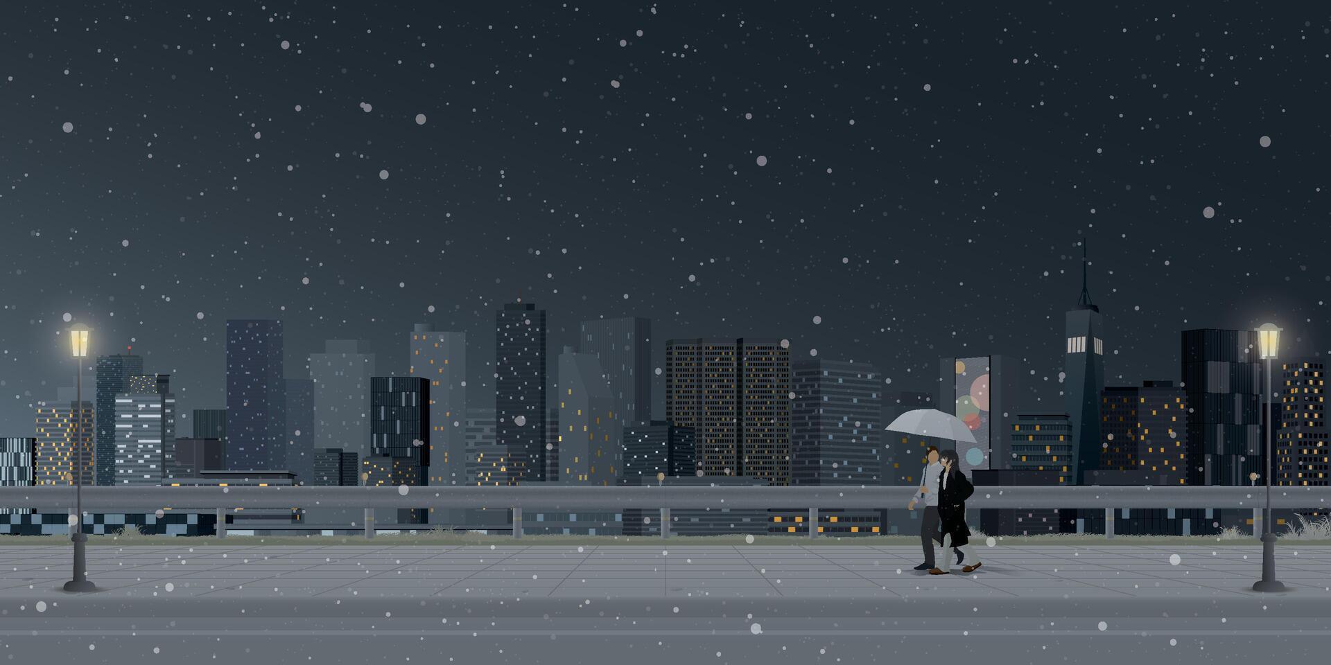 Cityscape in winter season at night with couple of lover under umbrella walking on the sidewalk have skyscraper and night sky background graphic illustration. vector