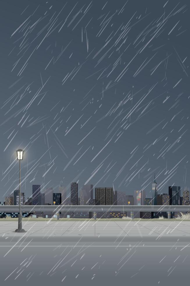 Cityscape in rainy day view from sidewalk have skyscraper and cloudy sky vertical background graphic illustration. vector