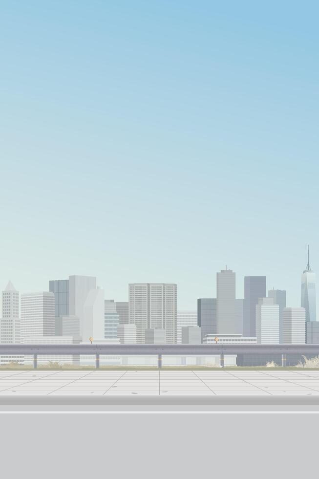 Cityscape view from sidewalk have skyscraper and blue sky vertical background graphic illustration. vector