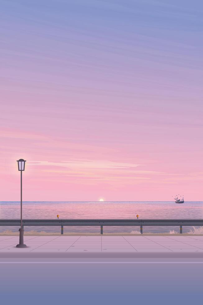 Seascape view from sidewalk with silhouette fishing boat followed by seagulls have dramatic sky vertical background graphic illustration. vector