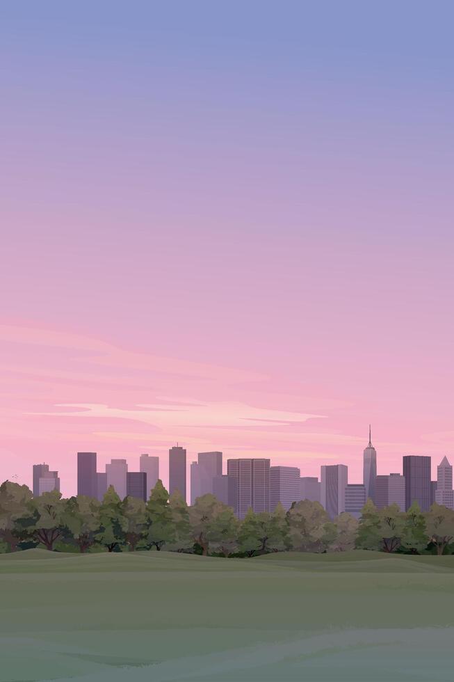 Public park with grass field in the city have silhouette skyscrapers and dramatic sky vertical background graphic illustration. vector