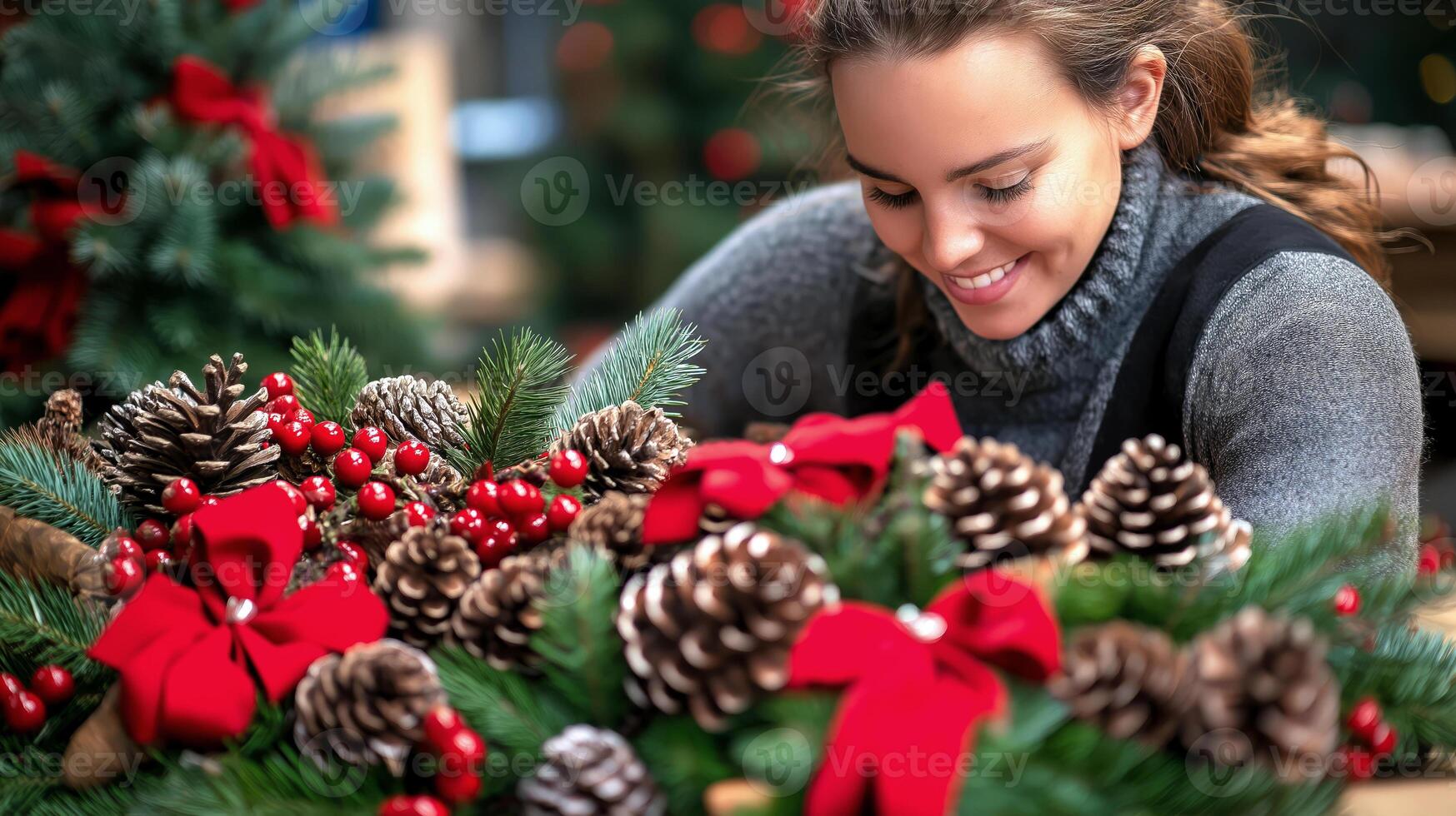 Cheerful, smiling female florist arranges festive Christmas decoration, featuring pine cones, evergreen branches, bright red berries, and red ribbons. Banner with copy space for Christmas holiday photo