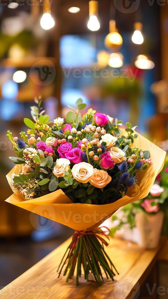 Vertical banner with copy space, beautiful and vibrant bouquet of fresh flowers displayed on wooden table in cozy flower shop. The bouquet is wrapped in yellow paper and tied with red ribbon photo