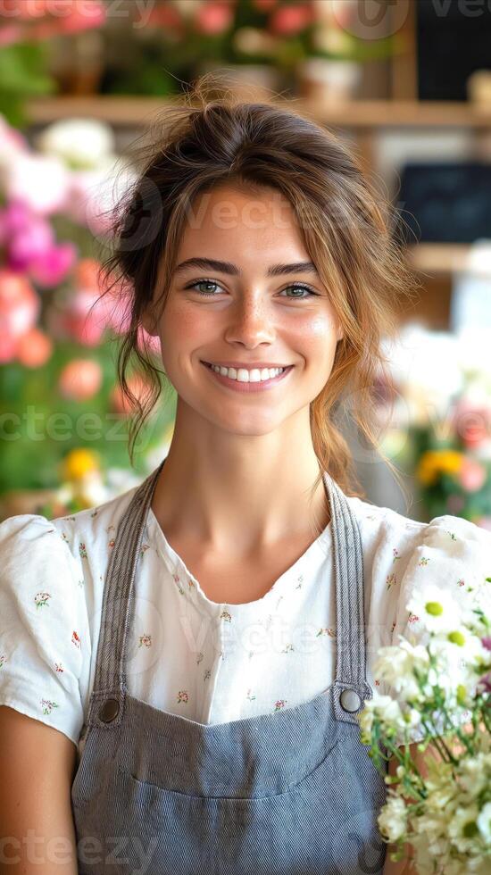 Cheerful young female florist with warm smile stands in flower shop, surrounded by blurred, colorful flowers in background. Vertical banner or poster for social media, beauty, flower shop photo
