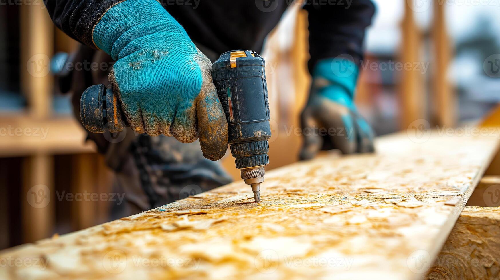 Construction worker hands in gloves using cordless drill on osb flooring installation. Concept of manual labor and craftsmanship, emphasizing precision and care in woodworking. photo