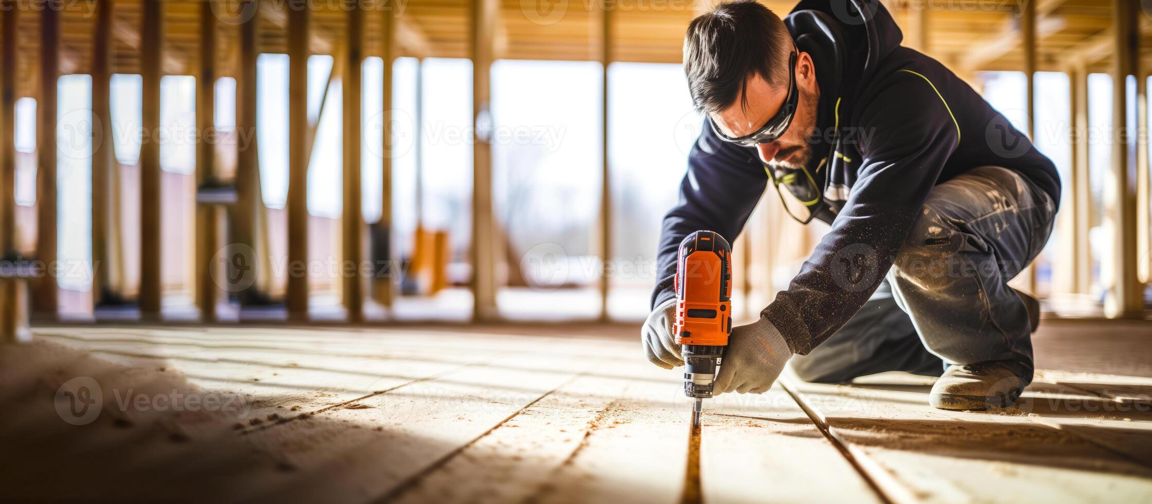 Construction worker wearing safety glasses and gloves uses electric drill, make wood flooring installation in frame building. Banner with copyspace for manual labor and skill involved in photo