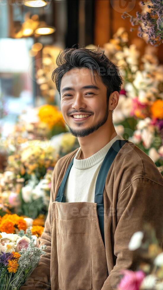 Young, cheerful Asian male florist stands inside flower shop, smiling warmly at camera. He is wearing light sweater and brown apron, surrounded by flower in various colors. Vertical banner for ads photo