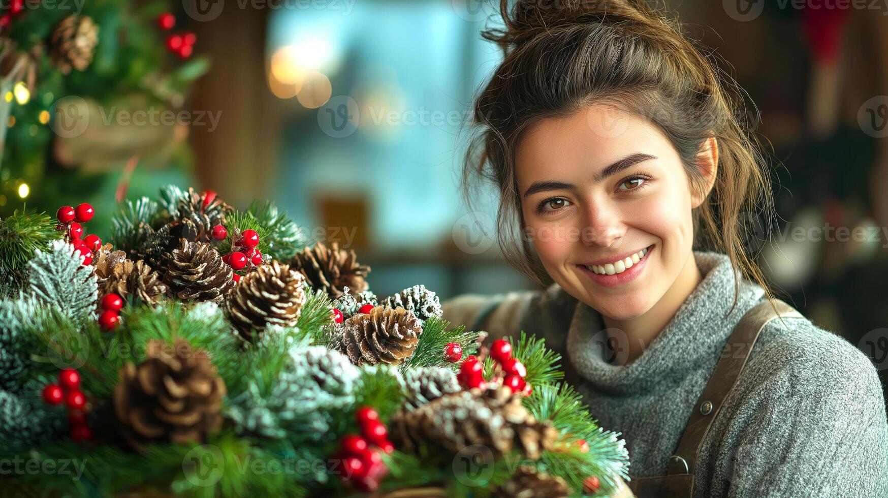 Cheerful young woman with smile stands in festive workshop, crafting beautiful Christmas decoration with pine cones, frosted evergreen branches, and red berries. Banner with copy space for holiday photo