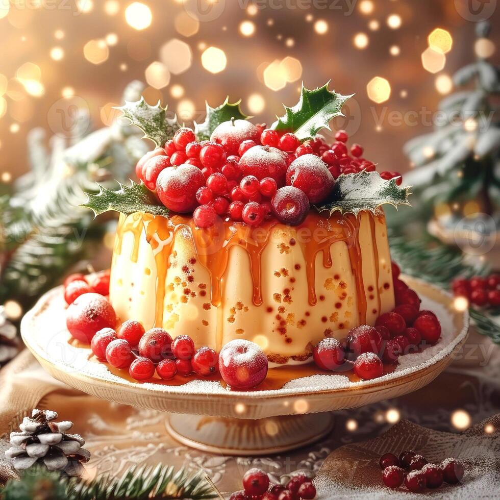 Festive cake with christmas decoration on bokeh light background. photo