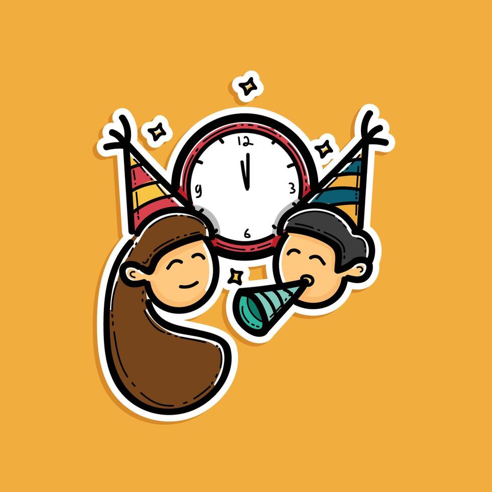 man and woman happy with birthday stripe hat, terumpet and red clock at background sign for happy new year illustration design isolated in an orange background sticker style vector
