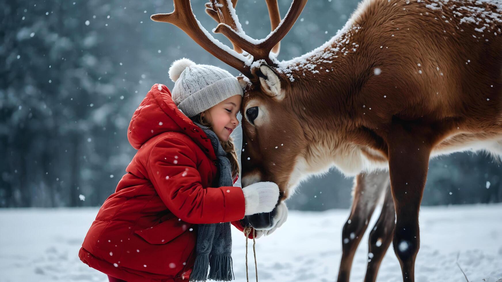 Child with Reindeer in Snowy Forest photo