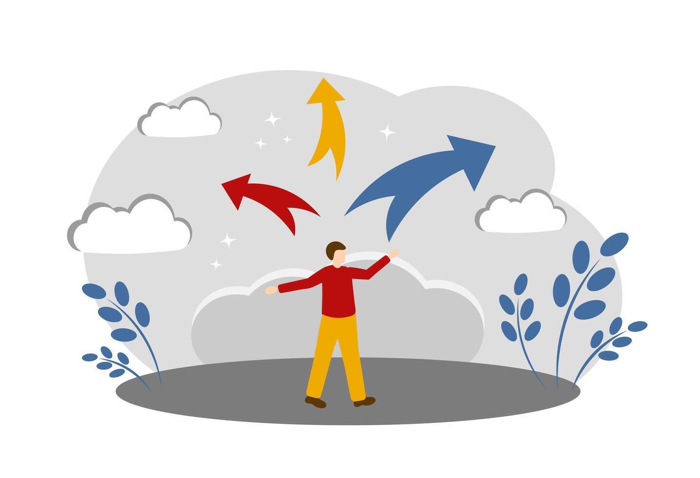 The concept of choosing the right path and making a decision. Man and arrows vector