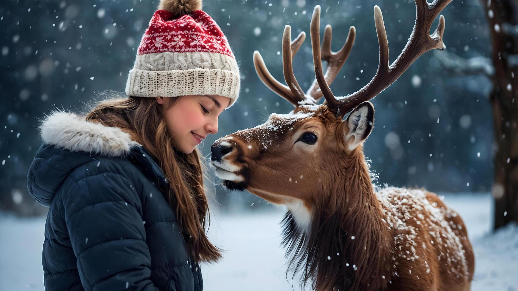 Little Girl and Her Reindeer Friend in snowy forest photo