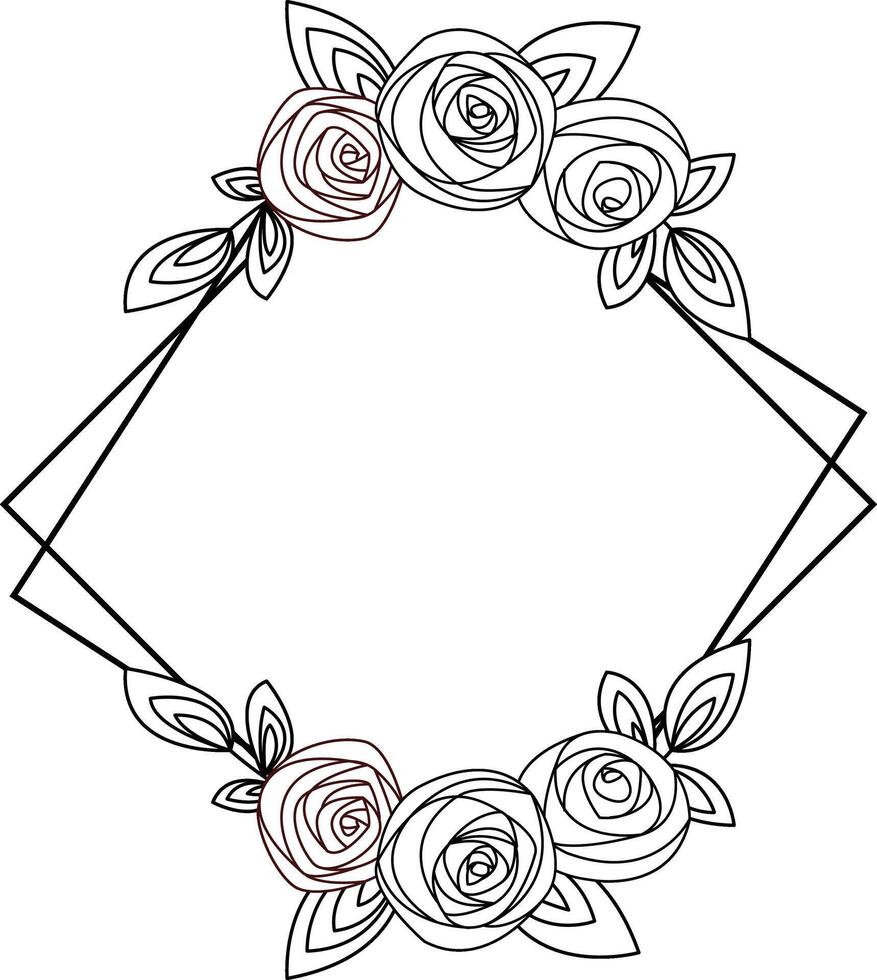 Floral patterned frame with floral elements, twigs and leaves. Hand drawn illustration in line art style for wedding invitations, cards and more. vector