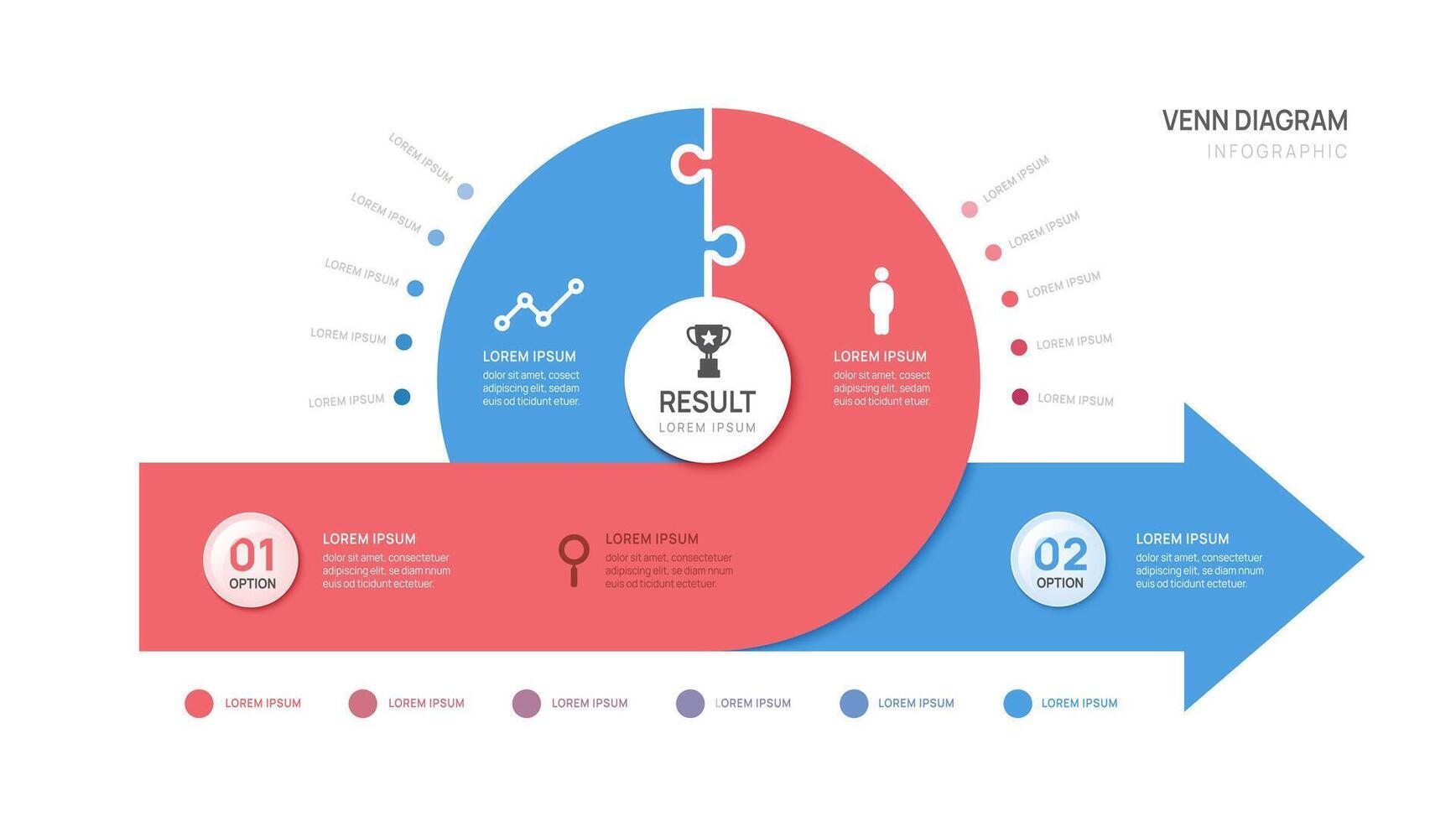 Venn diagram infographic arrow chart jigsaw template for business start up presentation with glassmorphism elements illustration. vector