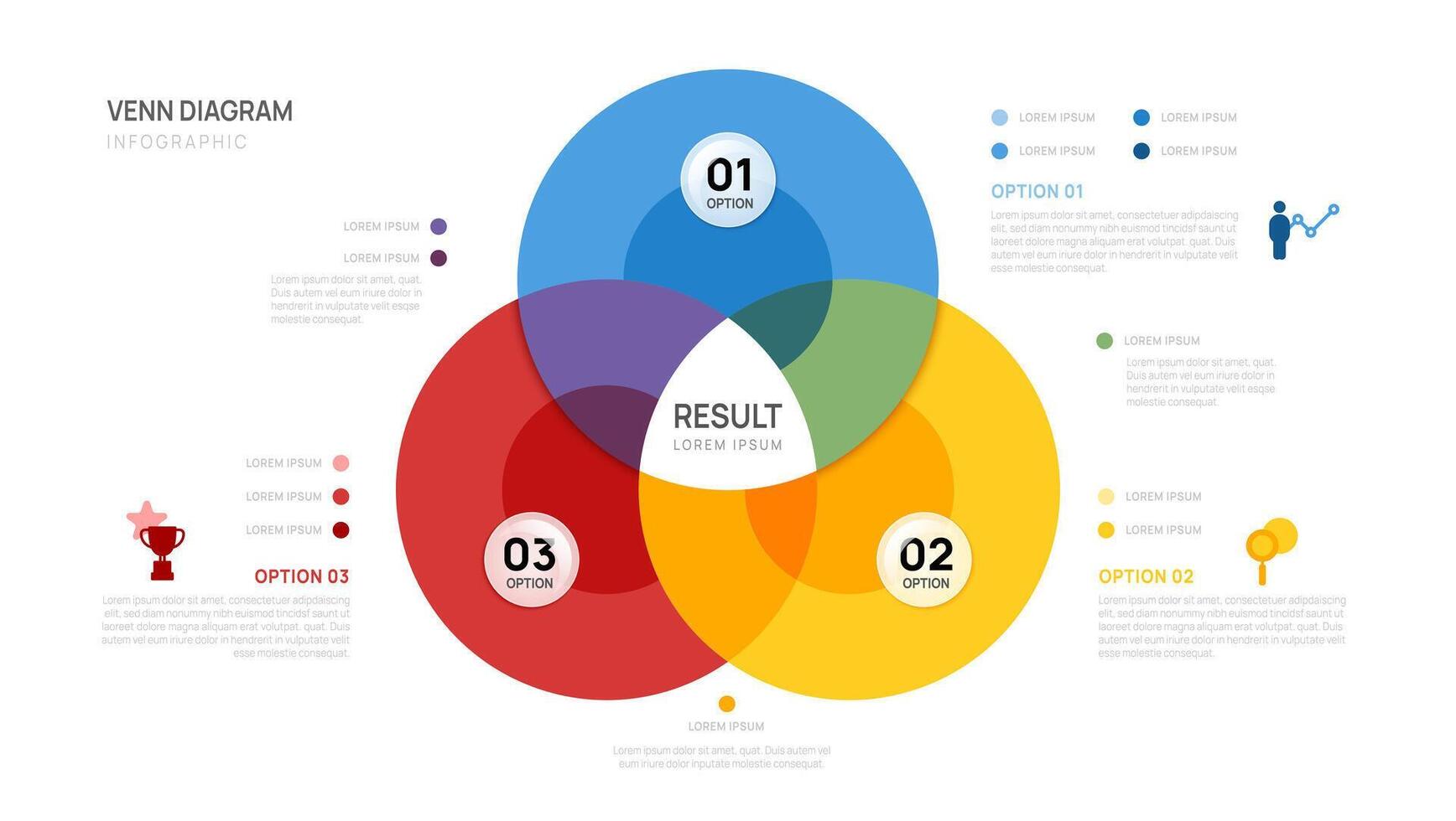 Venn diagram infographic chart template for business 3 step presentation with glassmorphism elements illustration. vector