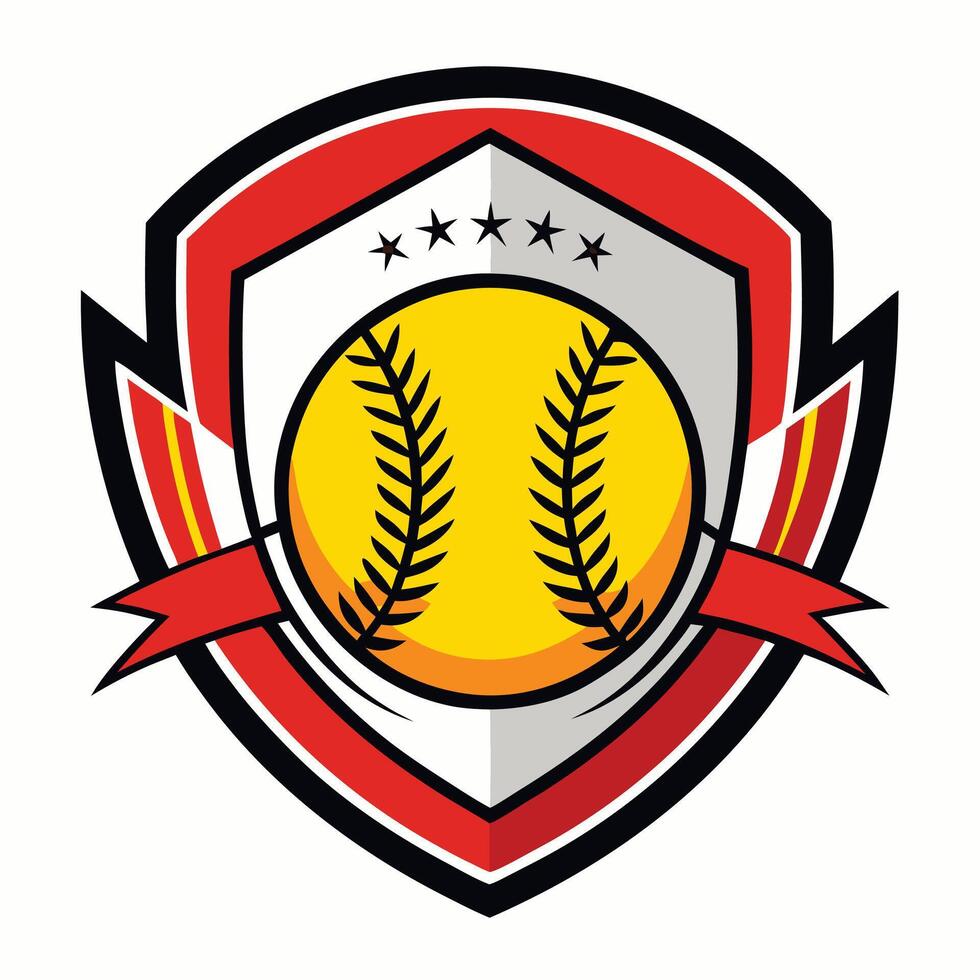 softball ball in shield with red ribbon and stars vector