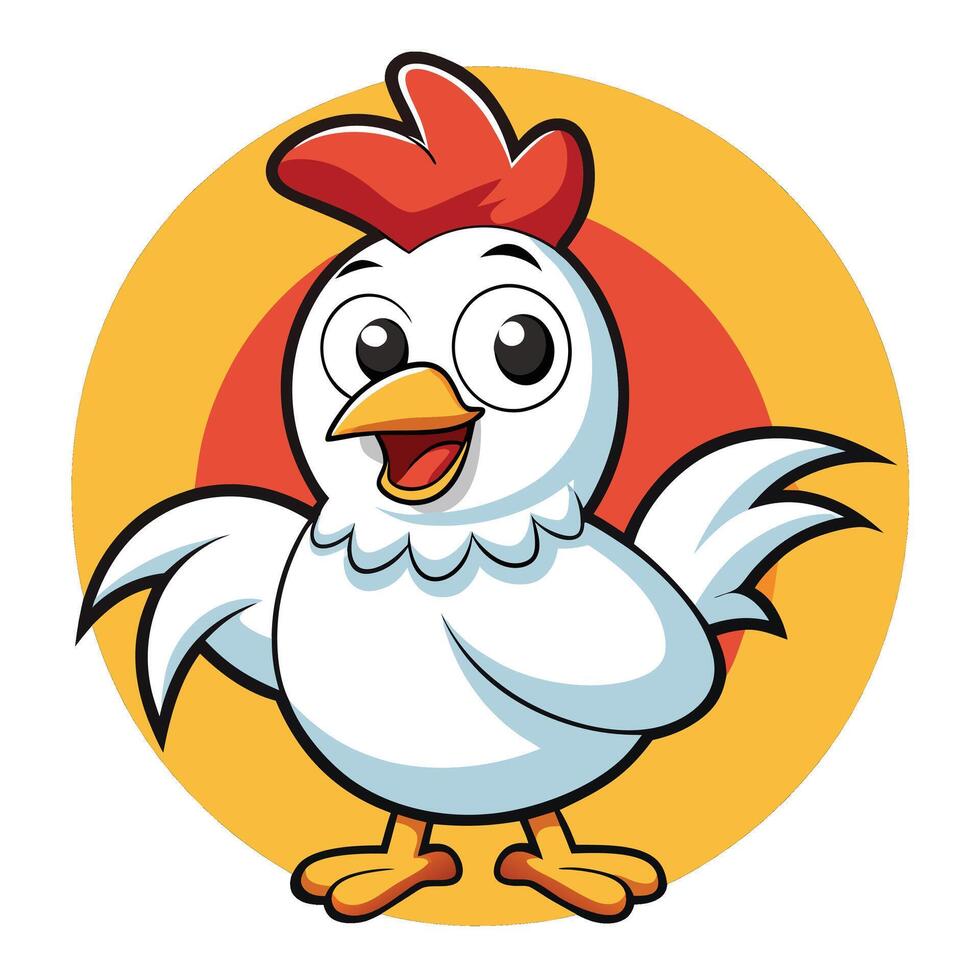 a cartoon chicken standing on a yellow circle vector