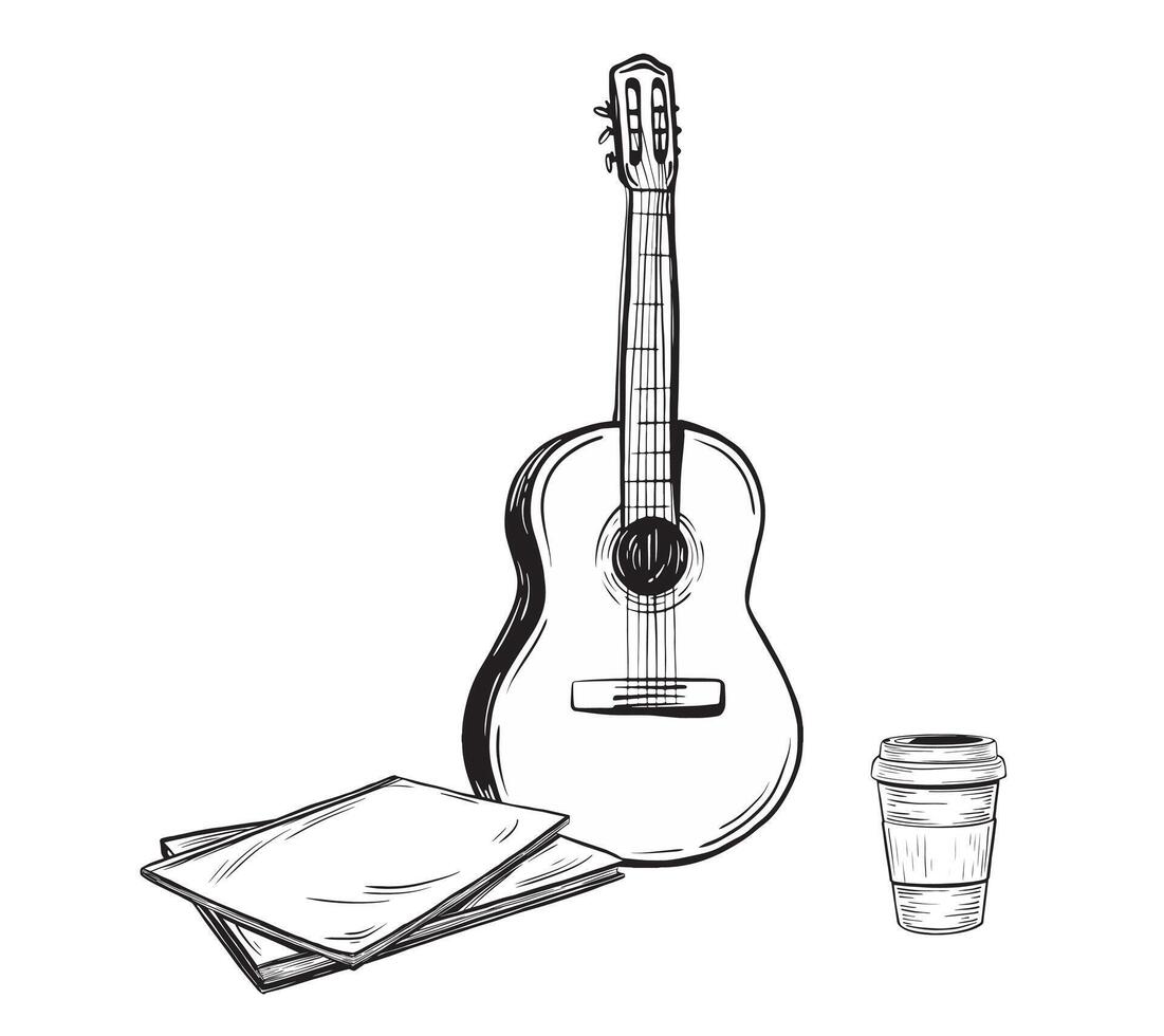 Tourist composition with Guitar and disposable Coffee Cup and notes. Sketch of classical Spanish music instrument in sketch ink style. hand drawn illustration of camping adventure. vector