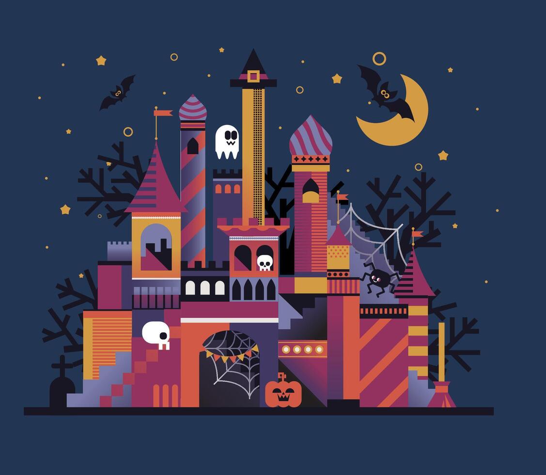 Halloween Castle with Ghosts and Bats vector