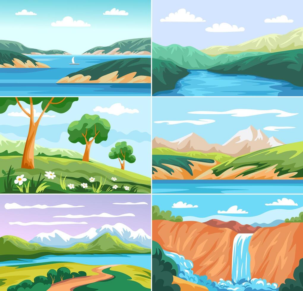 Summer Scenic Landscape Illustrations Set vector