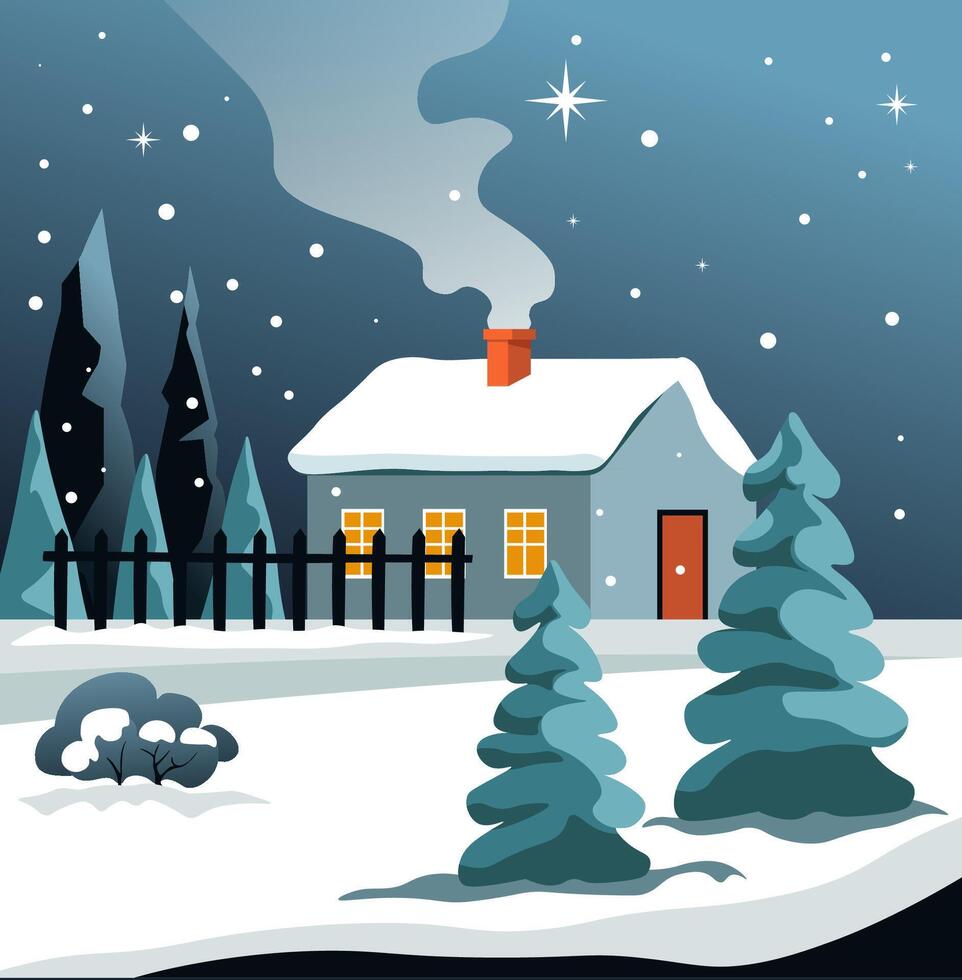 Winter Cabin in Starry Night vector