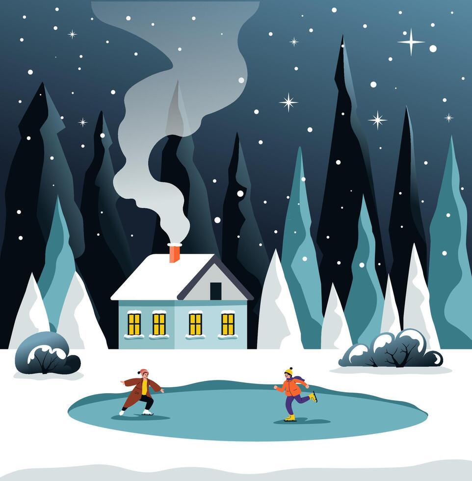 Winter Scene with Ice Skaters vector