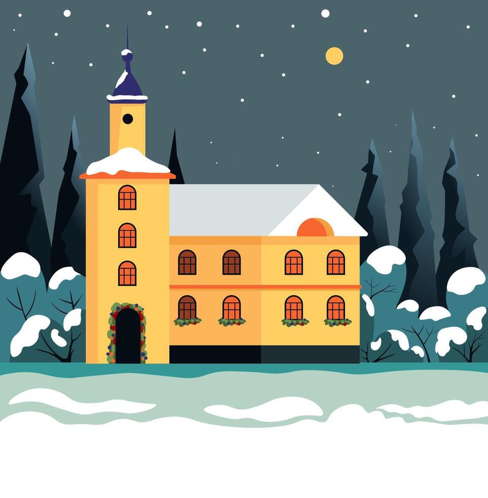 Yellow House in Snowy Forest vector