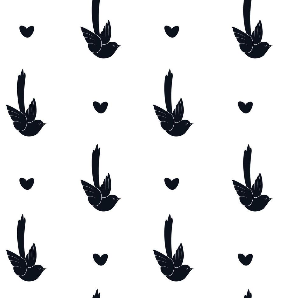 Birds Hearts Black White Pattern vector