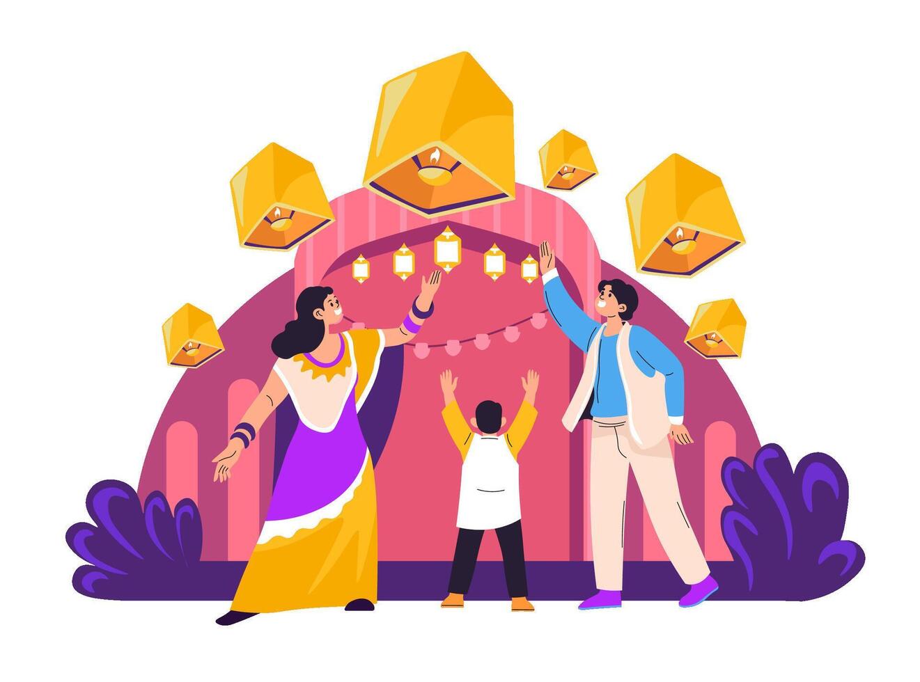 Family Lighting Lanterns for Diwali vector