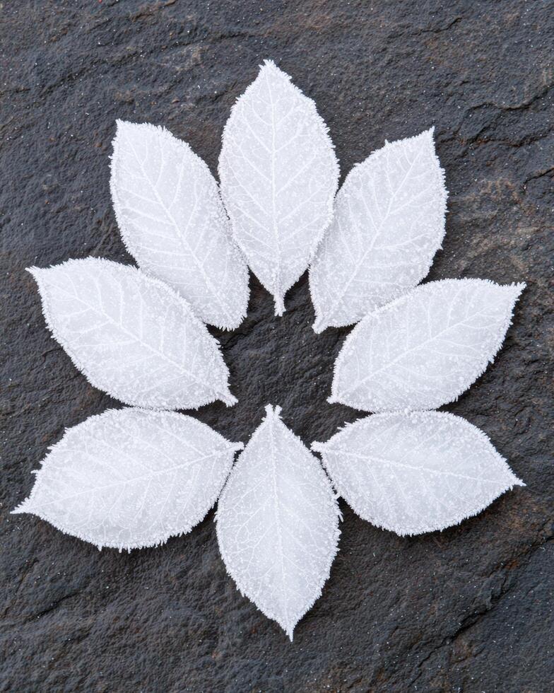 Delicate white leaves on a dark stone surface photo
