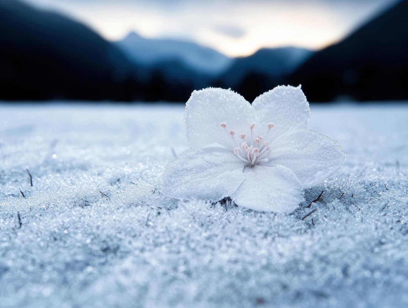 Delicate snow covered flower in winter landscape photo