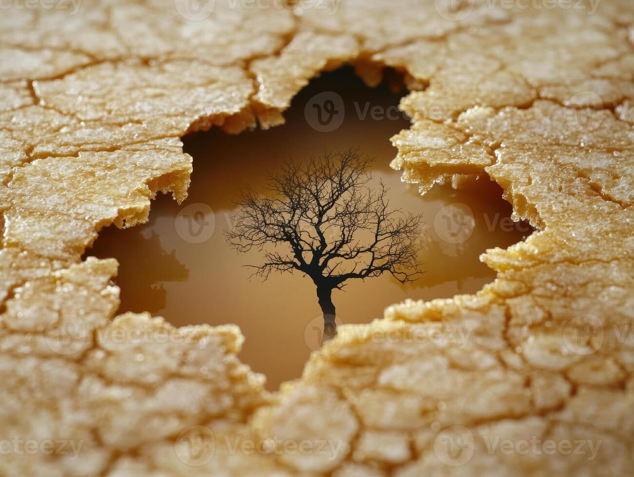 Silhouetted tree in cracked earth photo