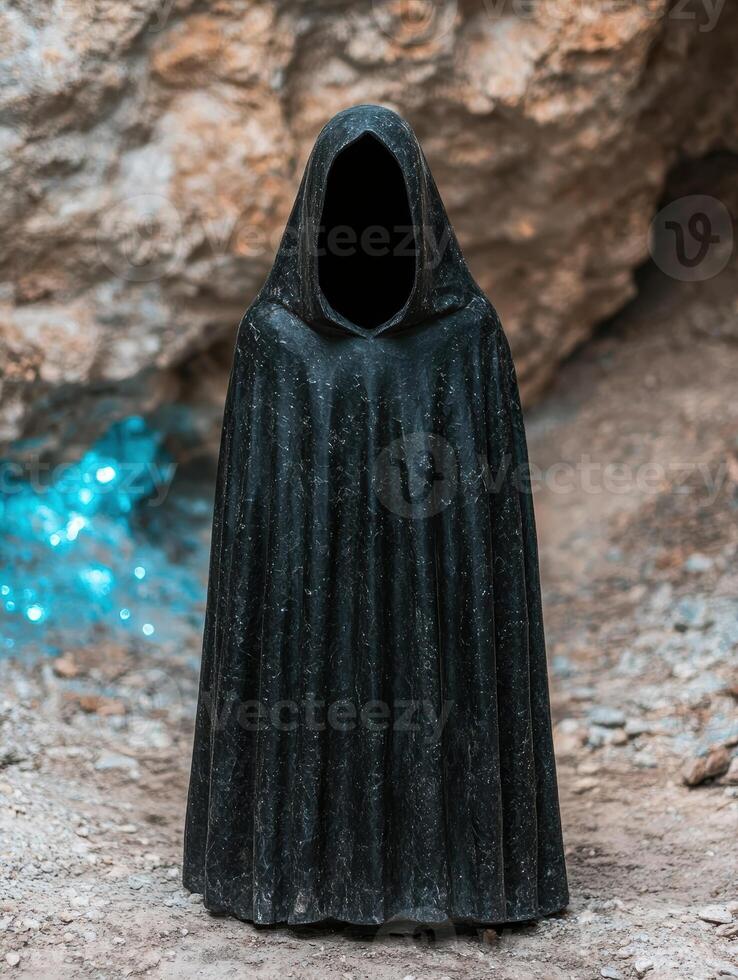Mysterious hooded figure in dark cloak photo