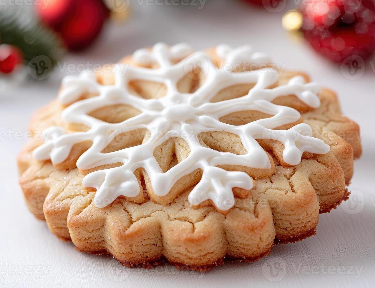 Delicious snowflake shaped christmas cookie with white icing photo