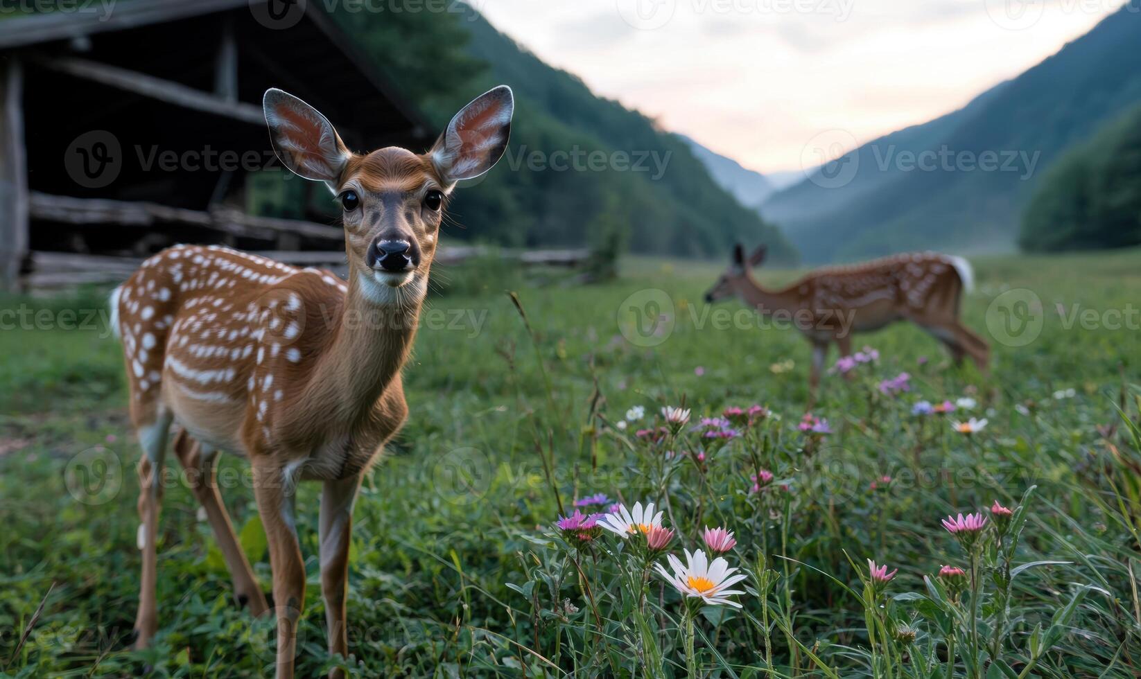 Curious deer in a mountain meadow photo