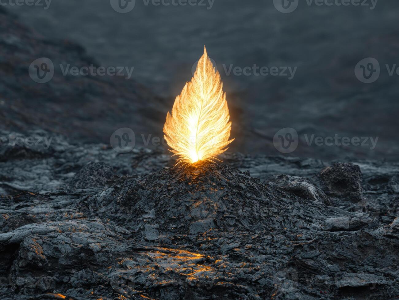 Glowing feather on dark rocks photo