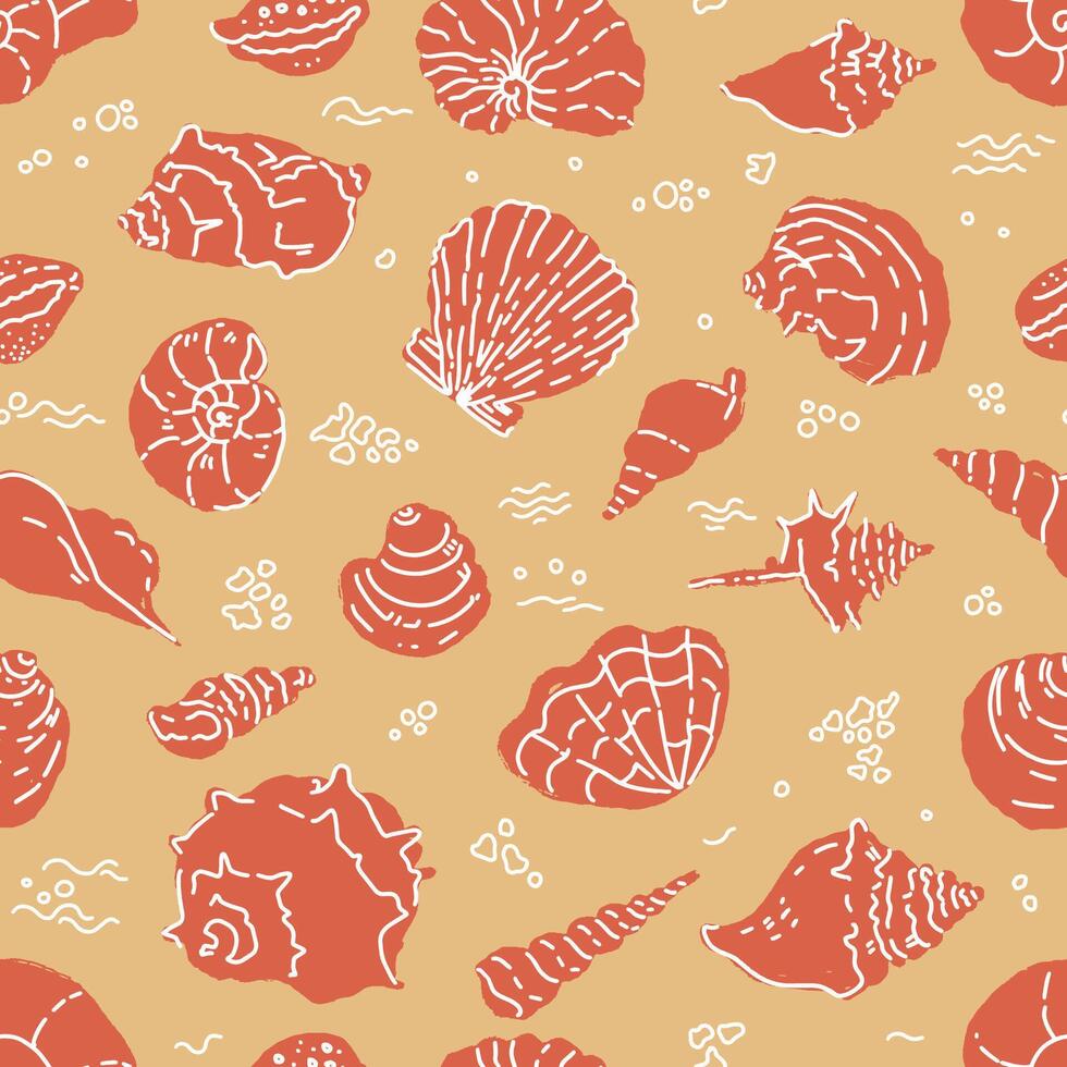 Orange Background Seashells Seamless Pattern vector
